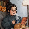 Логотип телеграм канала @booksandcups — Подружка с книжкой, кружкой и кошкой